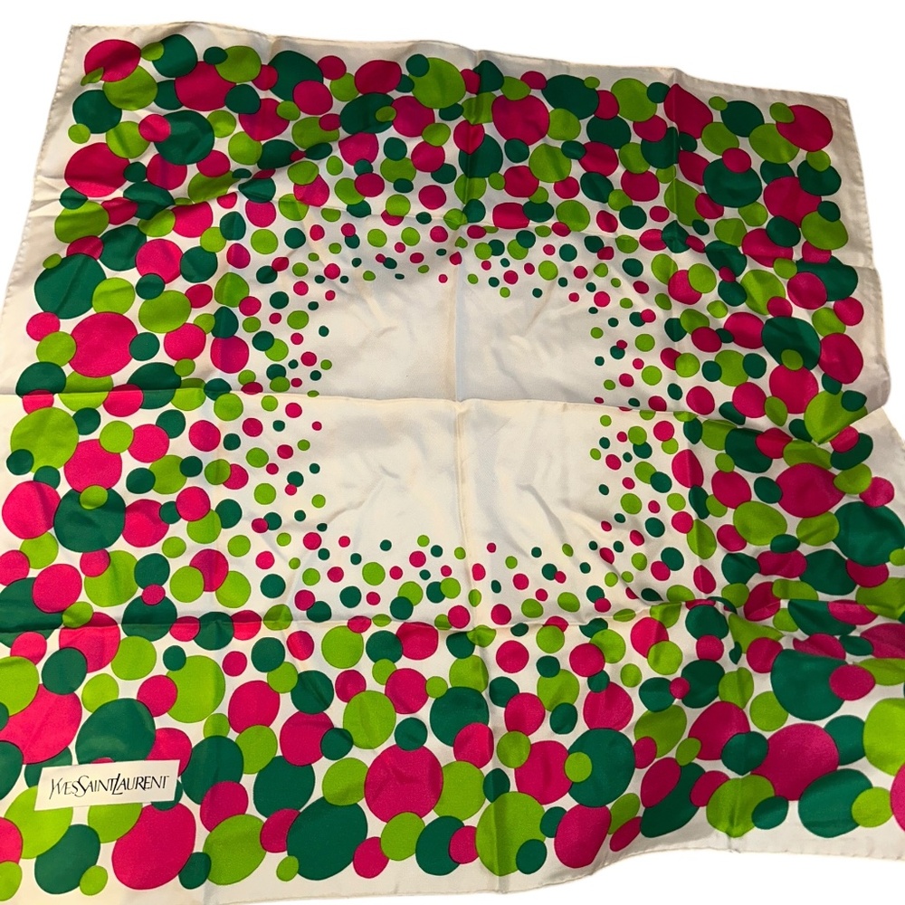 YSL Yves Saint Laurent 100% SILK French pink green polka dot scarf shawl 34" sq